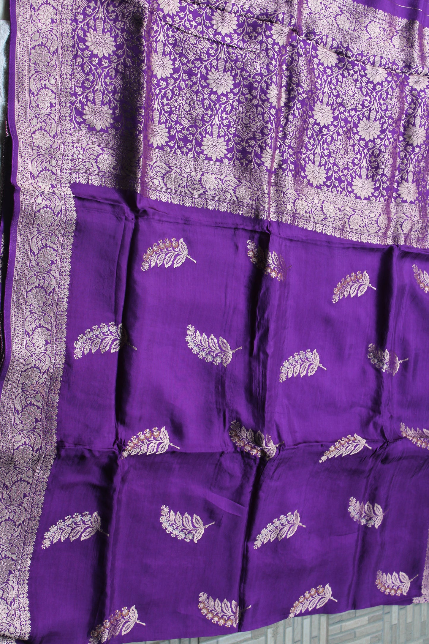 Purple Banarasi  crapesilk saree with trending leaf meenakari design