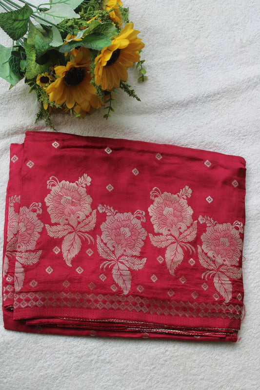 Tomato red Pure crape silk saree with rose flower border