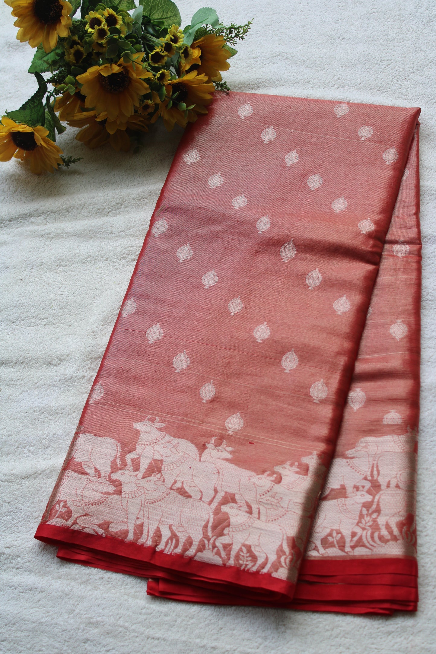 Red Banarasi tissue saree with pichwai border
