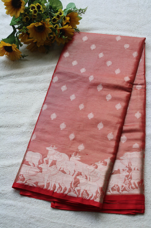 Red Banarasi tissue saree with pichwai border