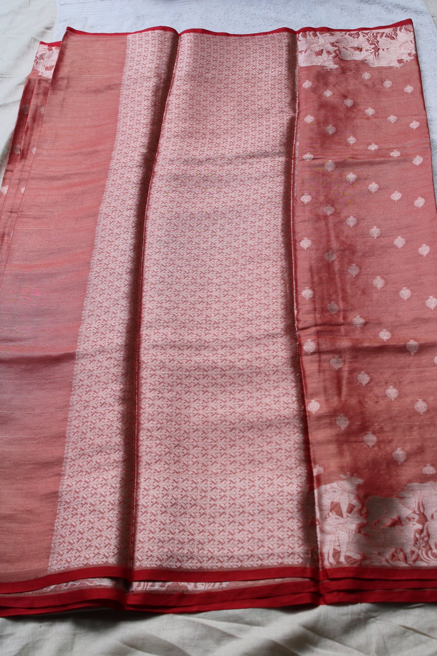 Red Banarasi tissue saree with pichwai border