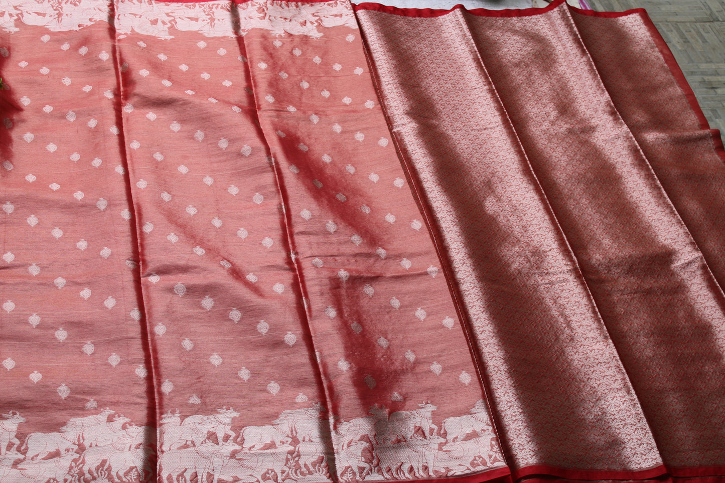 Red Banarasi tissue saree with pichwai border