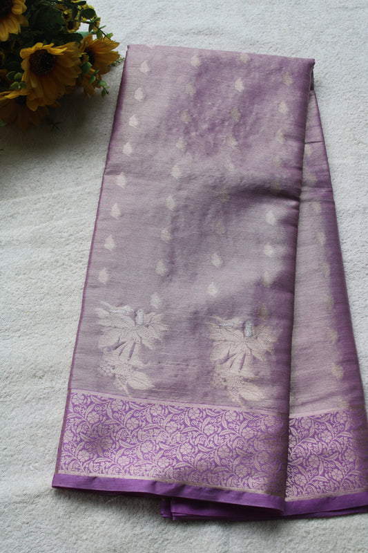 Lavender Banarasi tissue saree with trending flower border