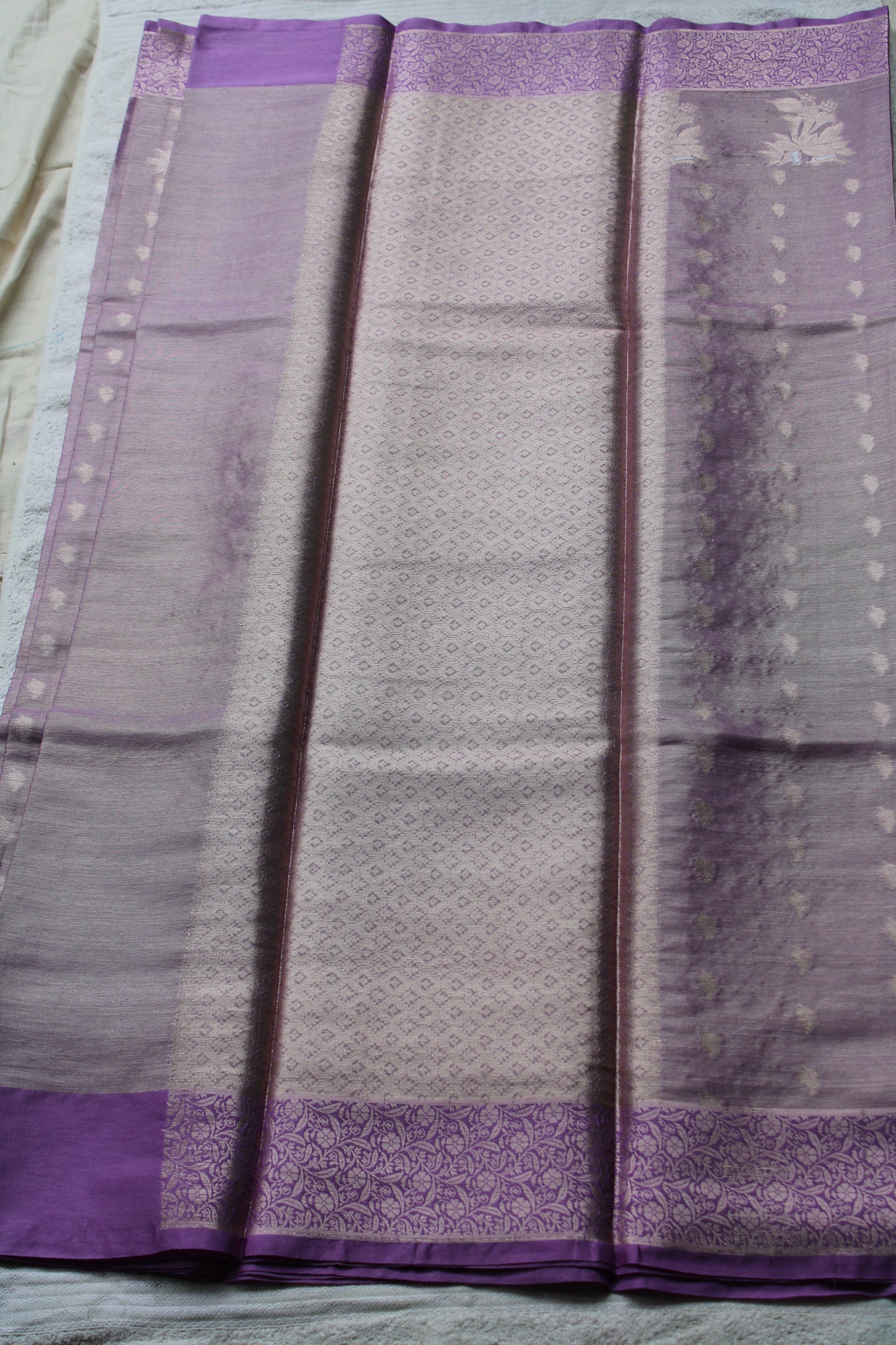 Lavender Banarasi tissue saree with trending flower border