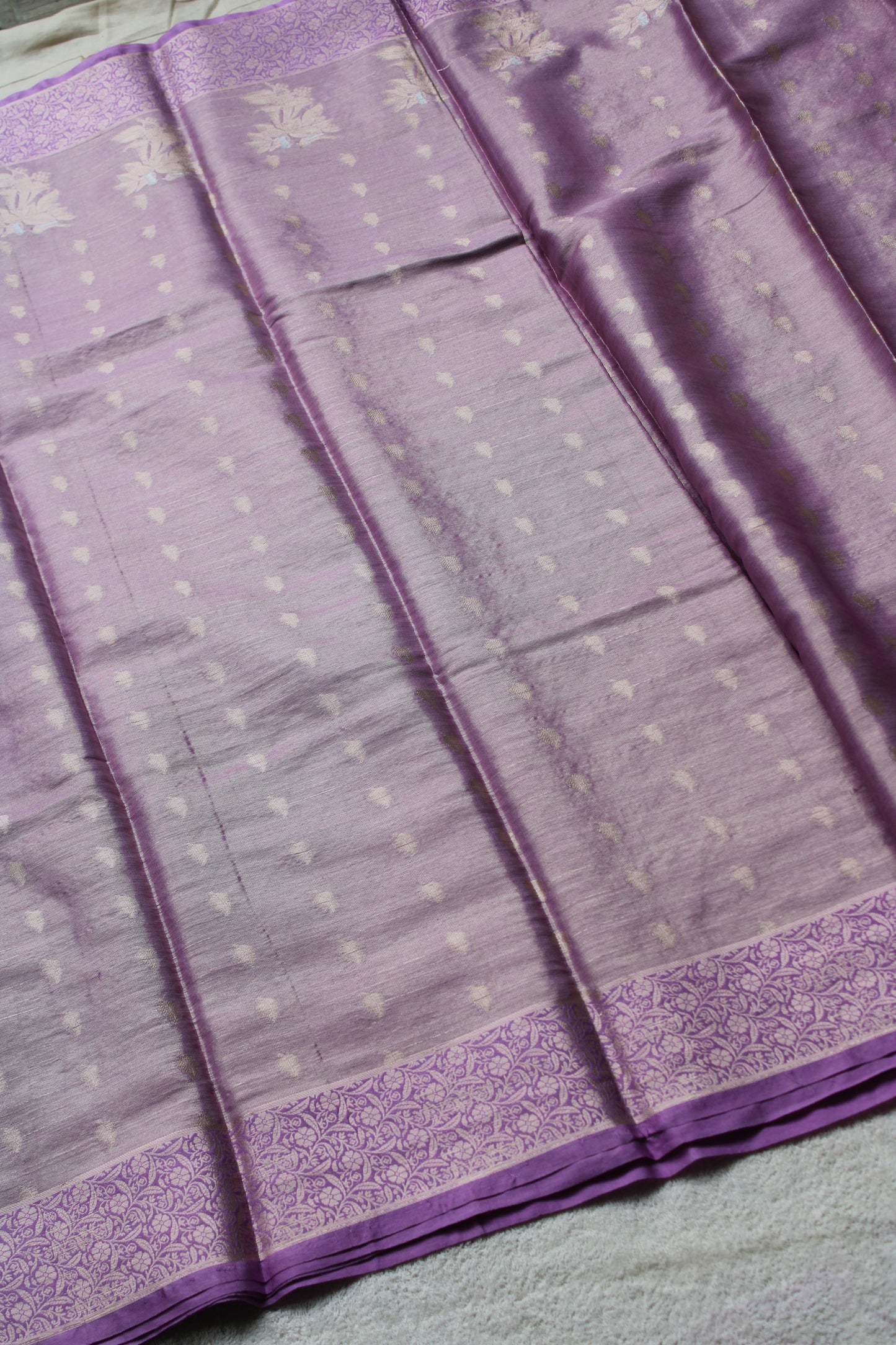 Lavender Banarasi tissue saree with trending flower border