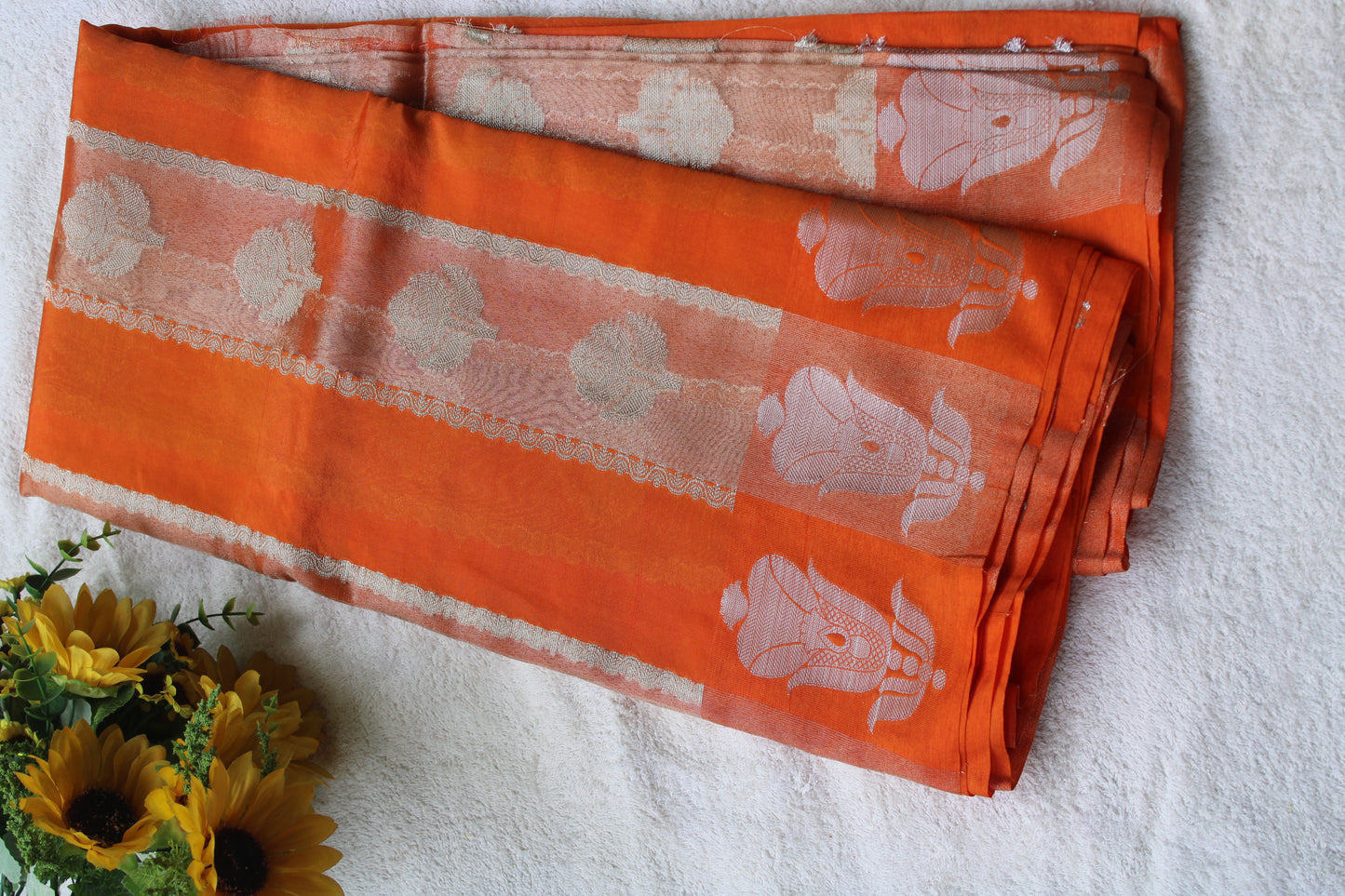 Orange colour tissue and raw mango fusion saree