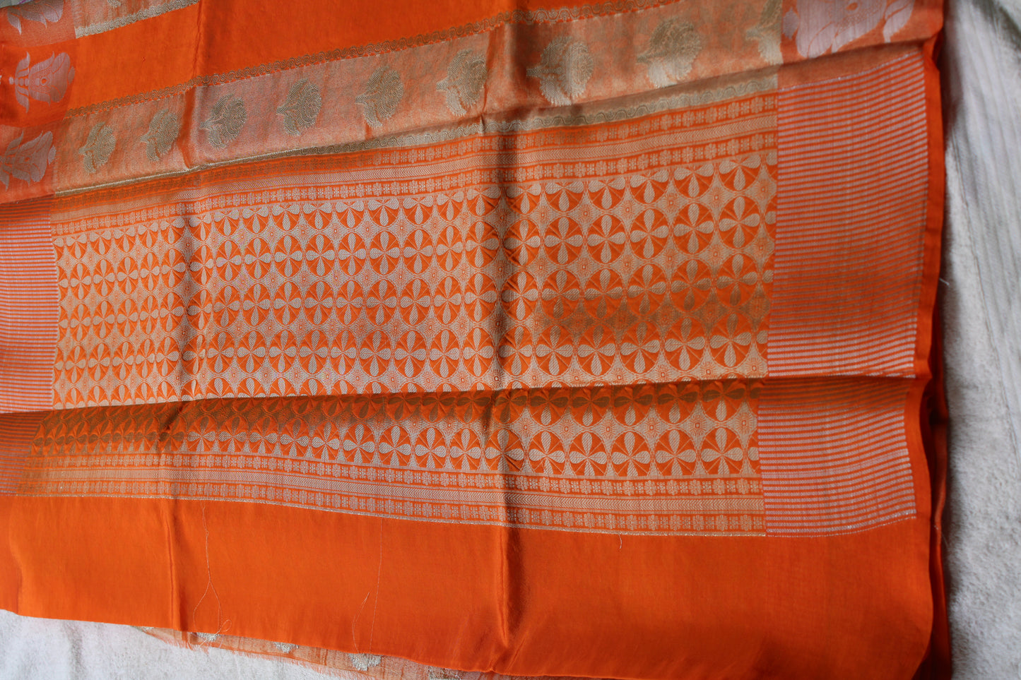 Orange colour tissue and raw mango fusion saree