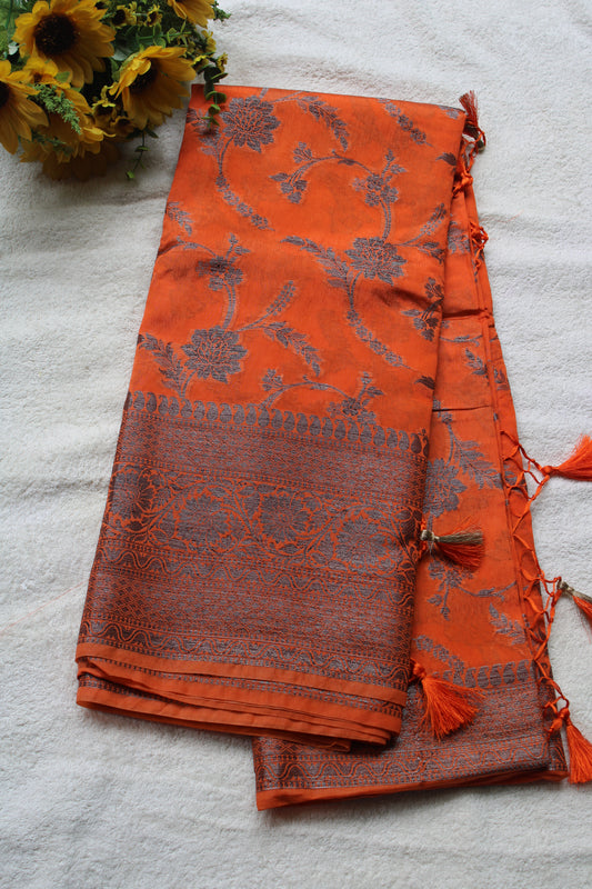 Orange raw mango saree with black zari weaving