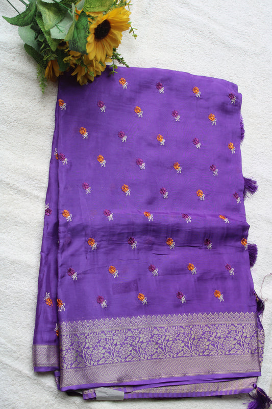 Purple crapesilk Saree with flower embroidery design
