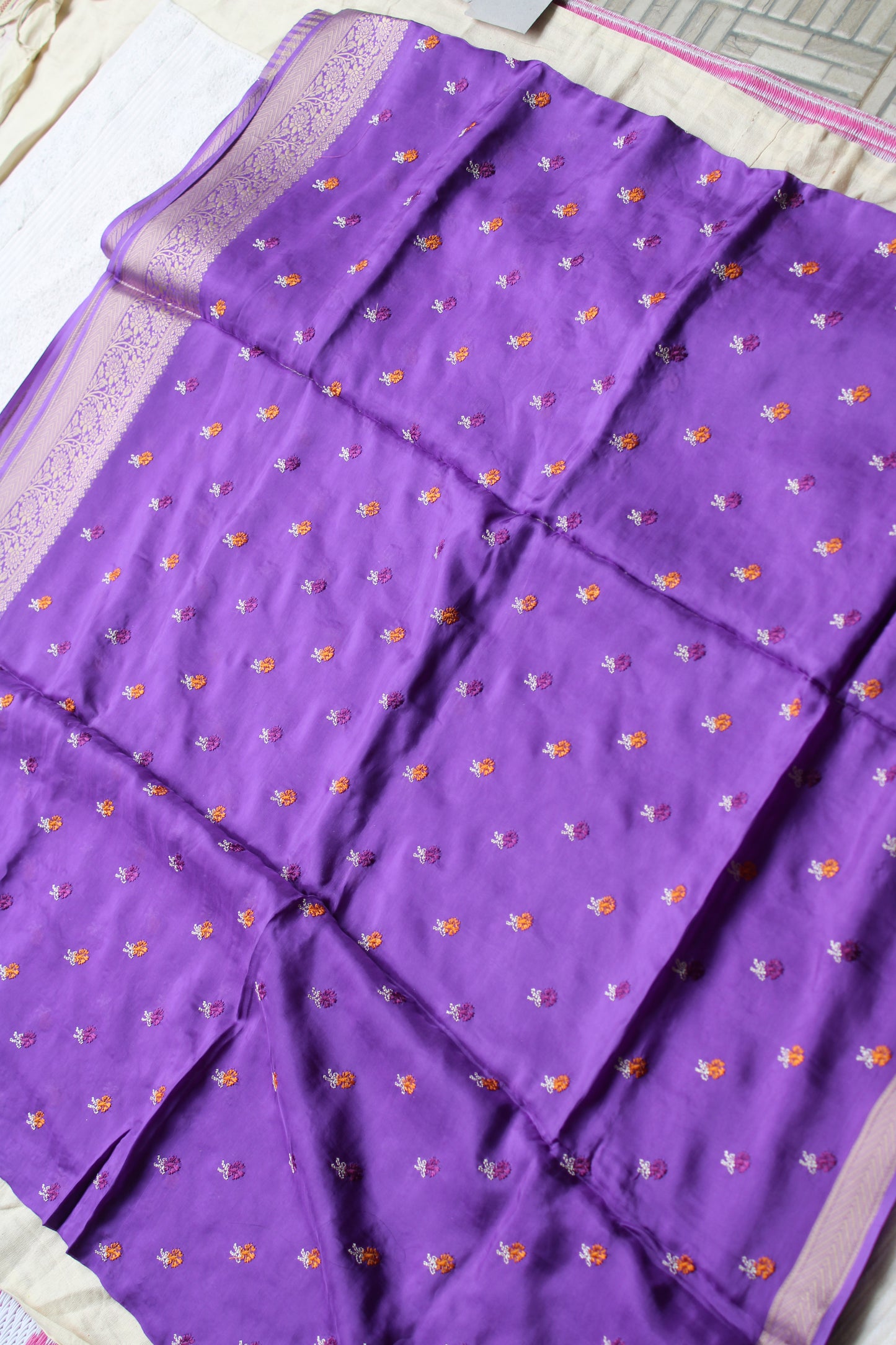 Purple crapesilk Saree with flower embroidery design
