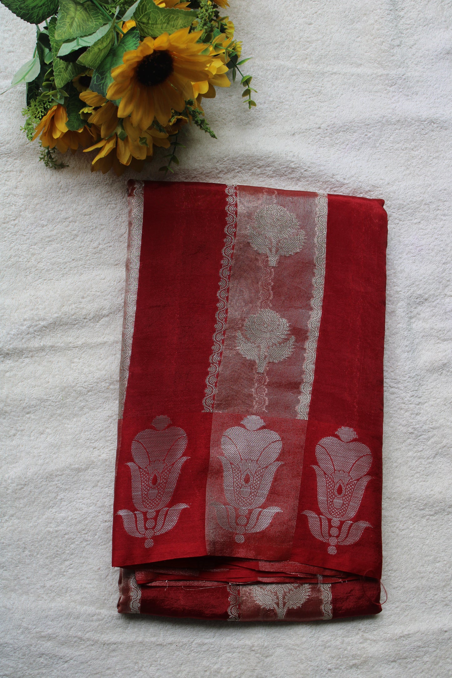 Red colour tissue and raw mango fusion saree