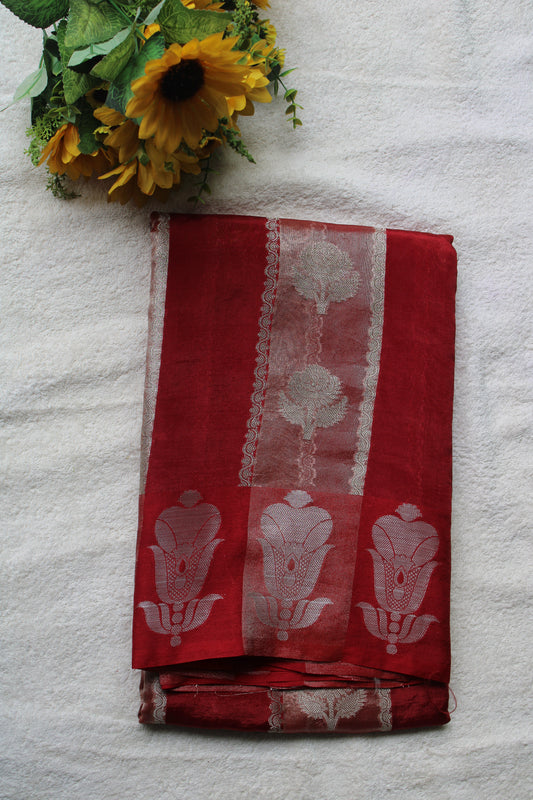 Red colour tissue and raw mango fusion saree