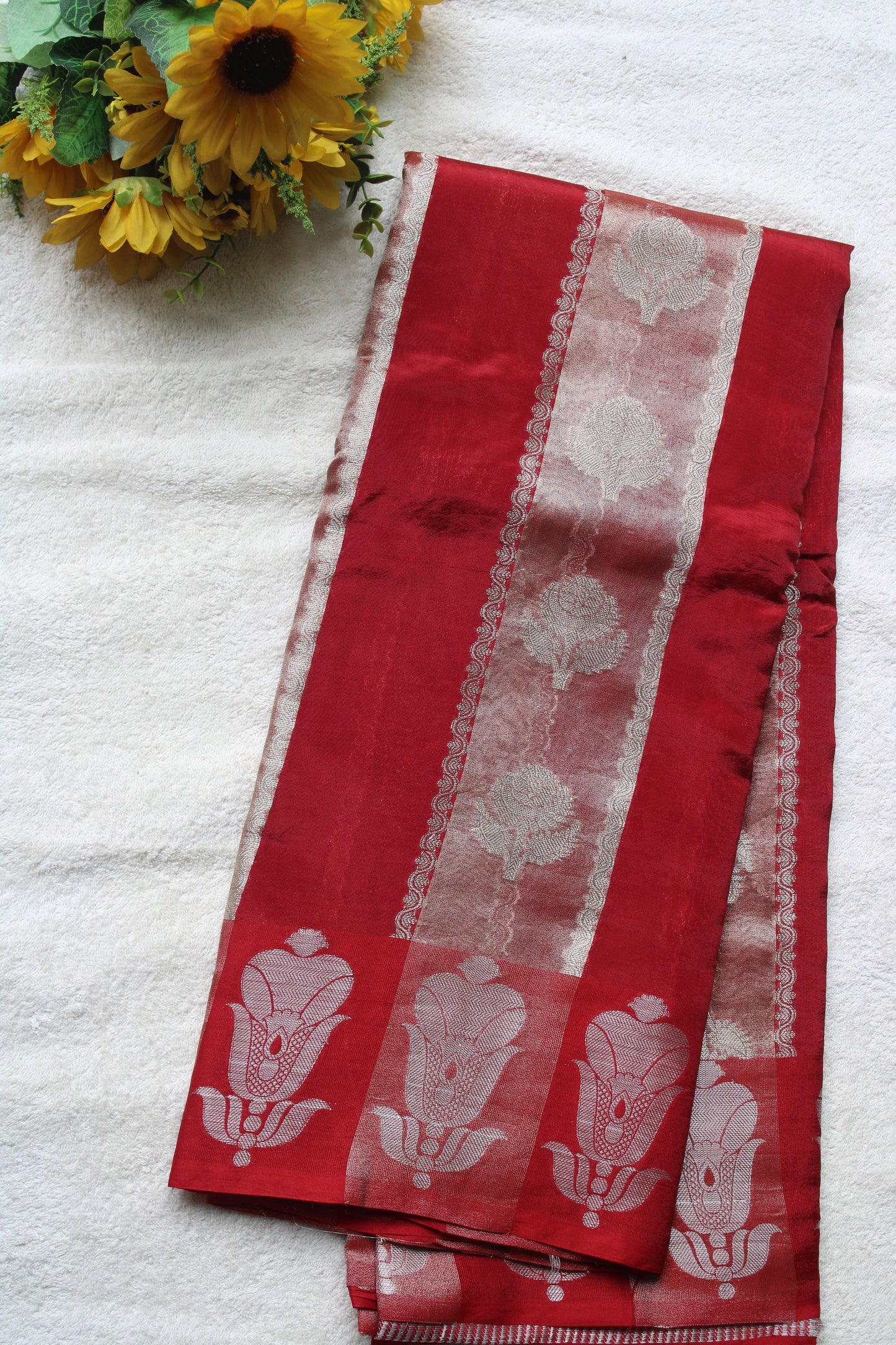 Red colour tissue and raw mango fusion saree