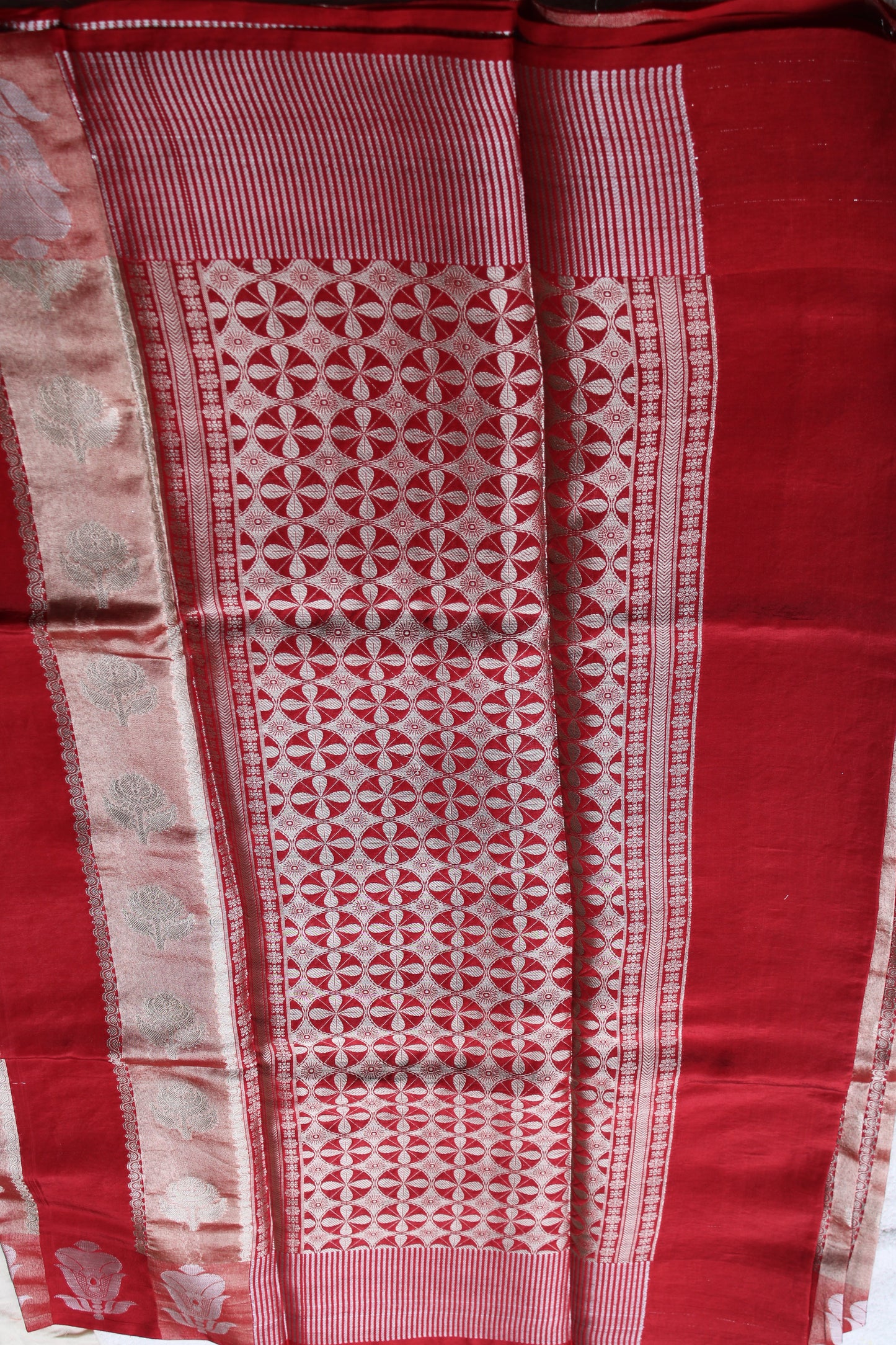 Red colour tissue and raw mango fusion saree
