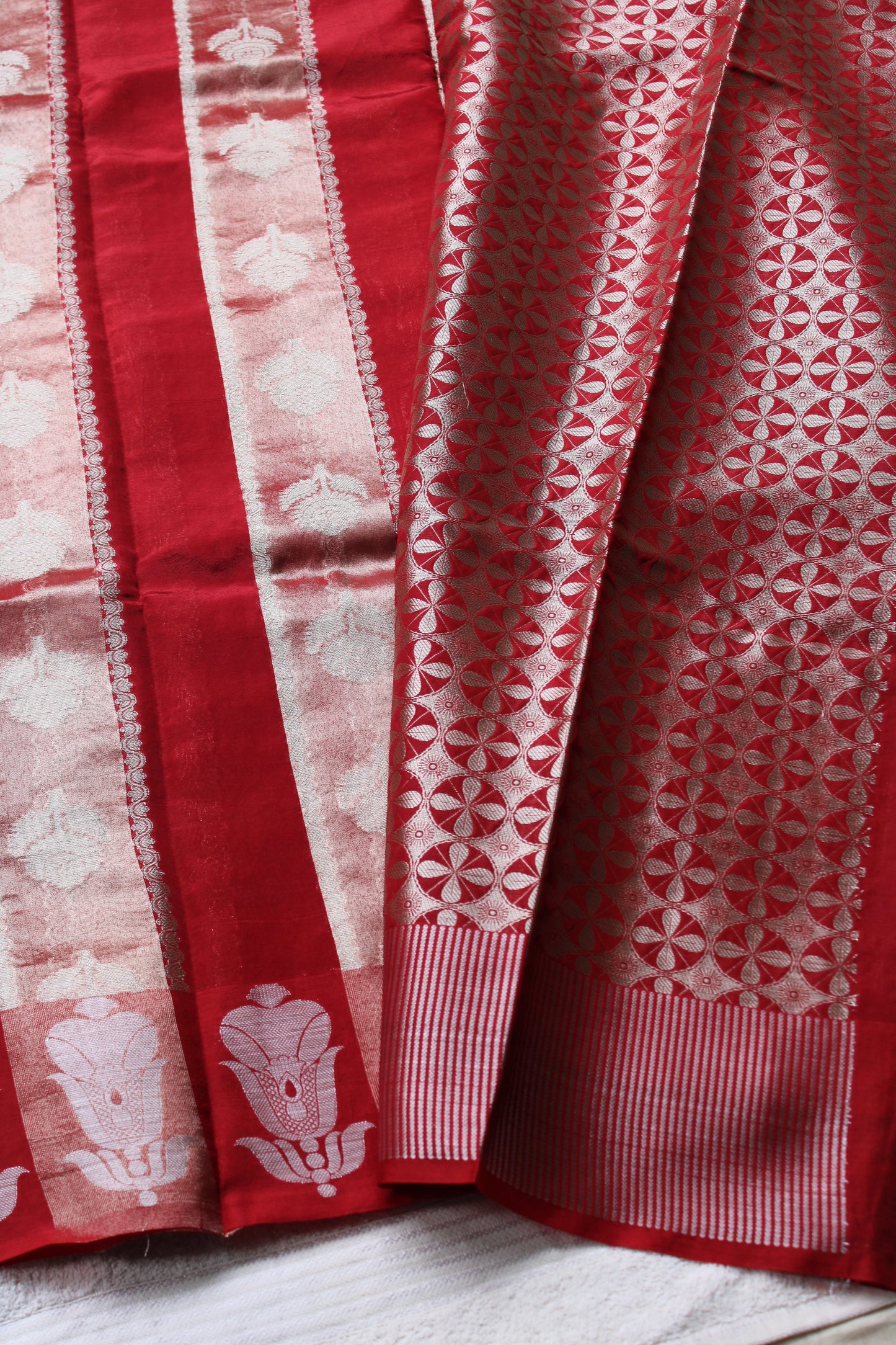Red colour tissue and raw mango fusion saree
