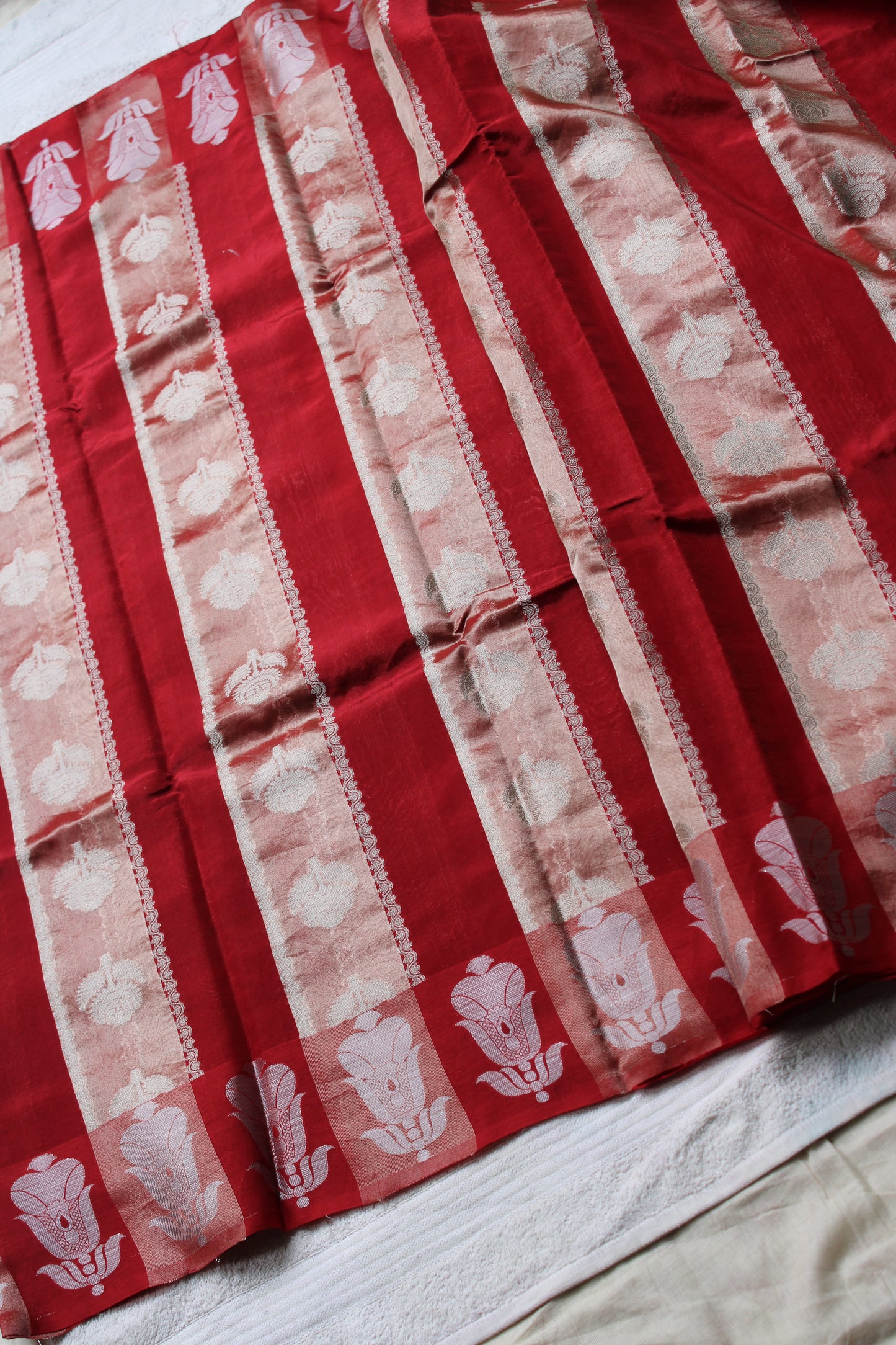 Red colour tissue and raw mango fusion saree