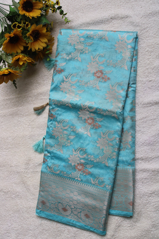 Pastel blue Banarasi Raw Mango with Jaal design