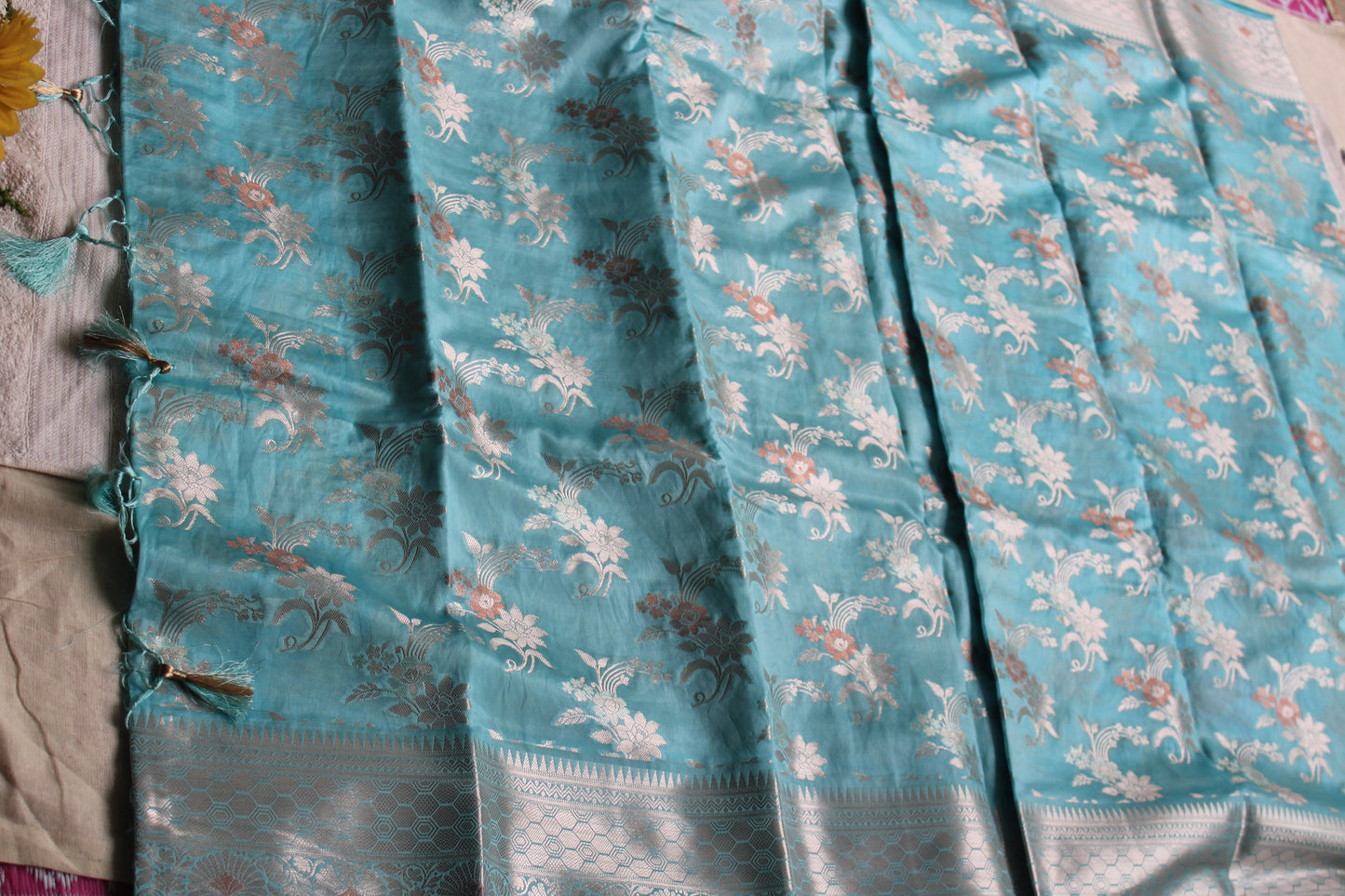 Pastel blue Banarasi Raw Mango with Jaal design