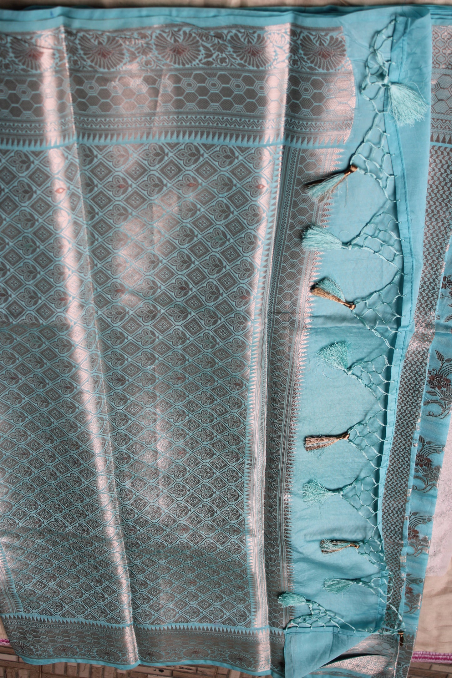 Pastel blue Banarasi Raw Mango with Jaal design