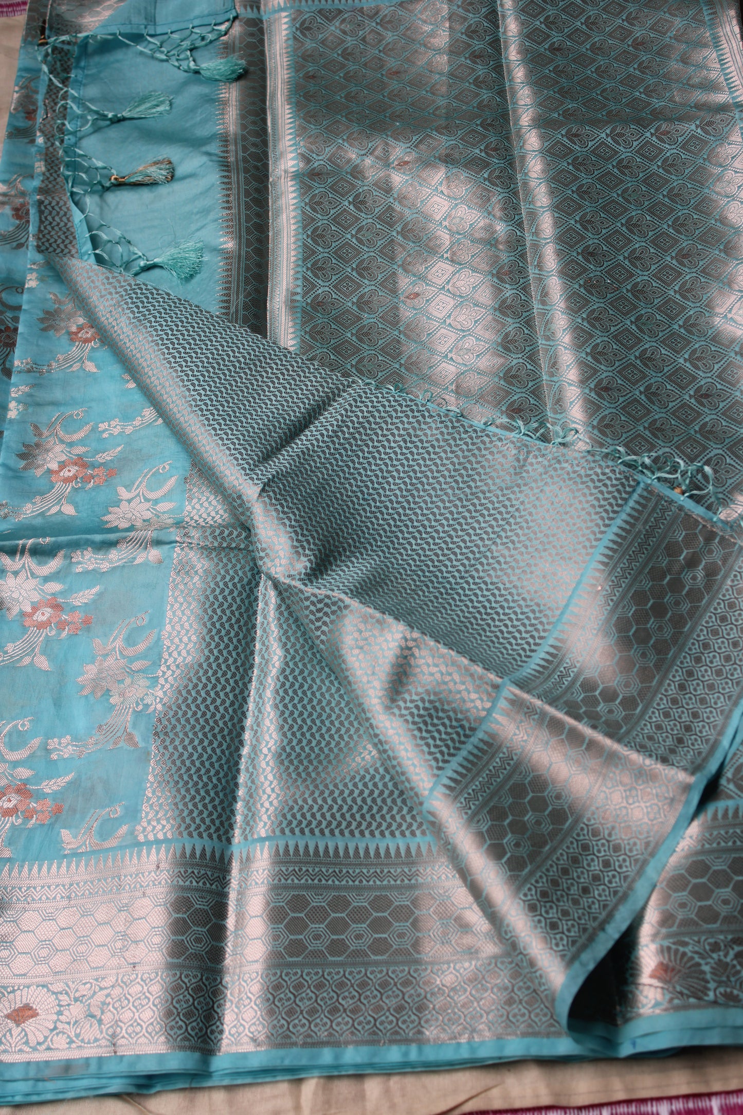 Pastel blue Banarasi Raw Mango with Jaal design