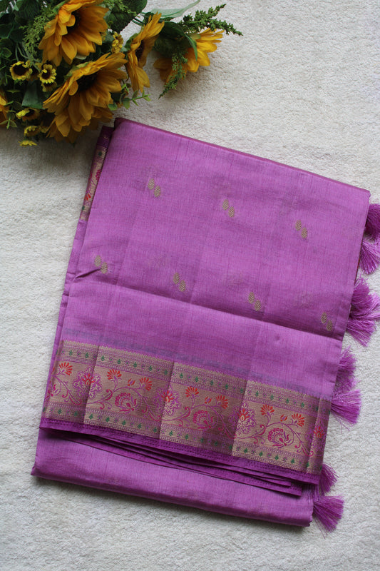 Lavender Tusser silk saree with small border