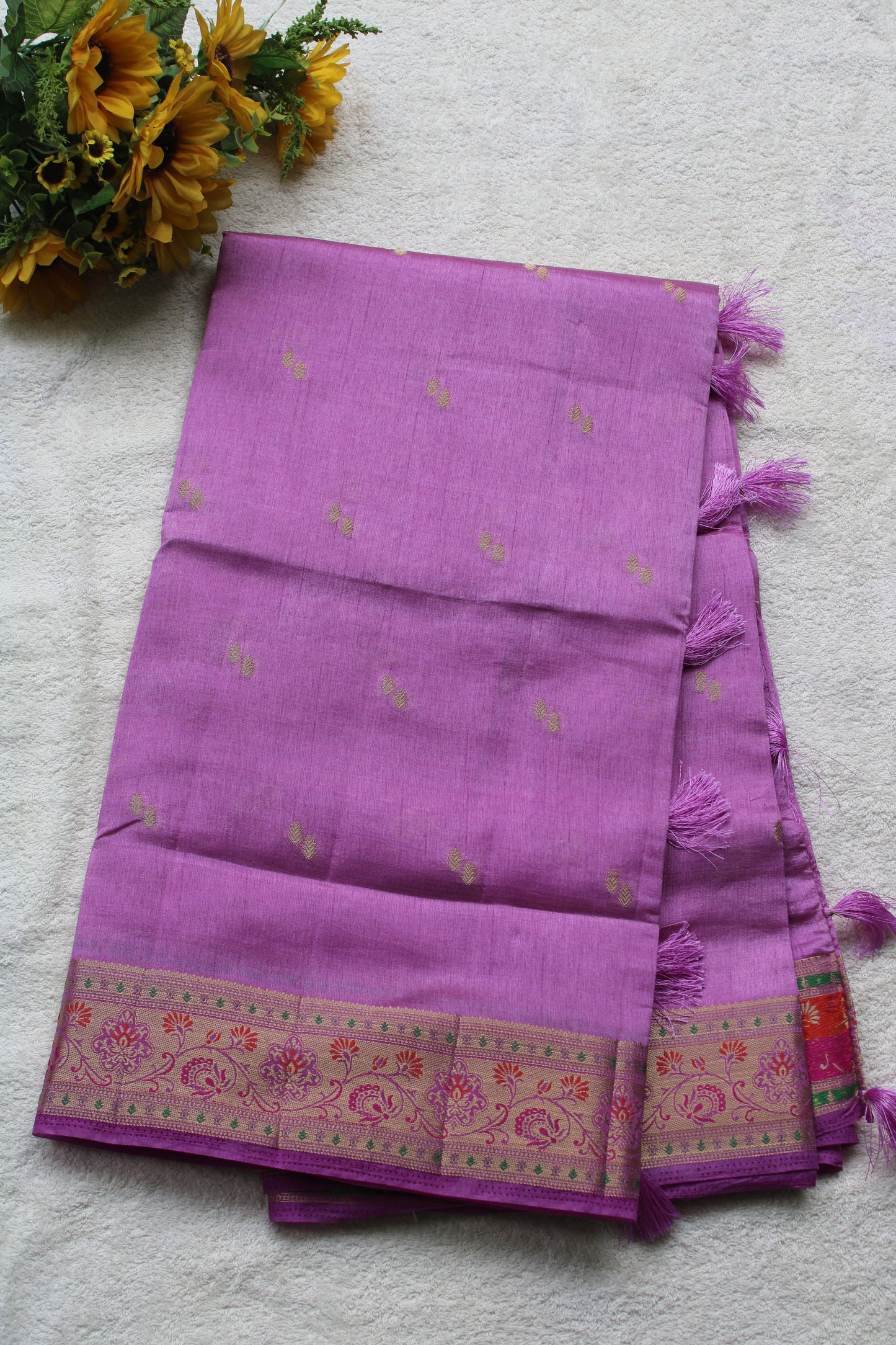 Lavender Tusser silk saree with small border