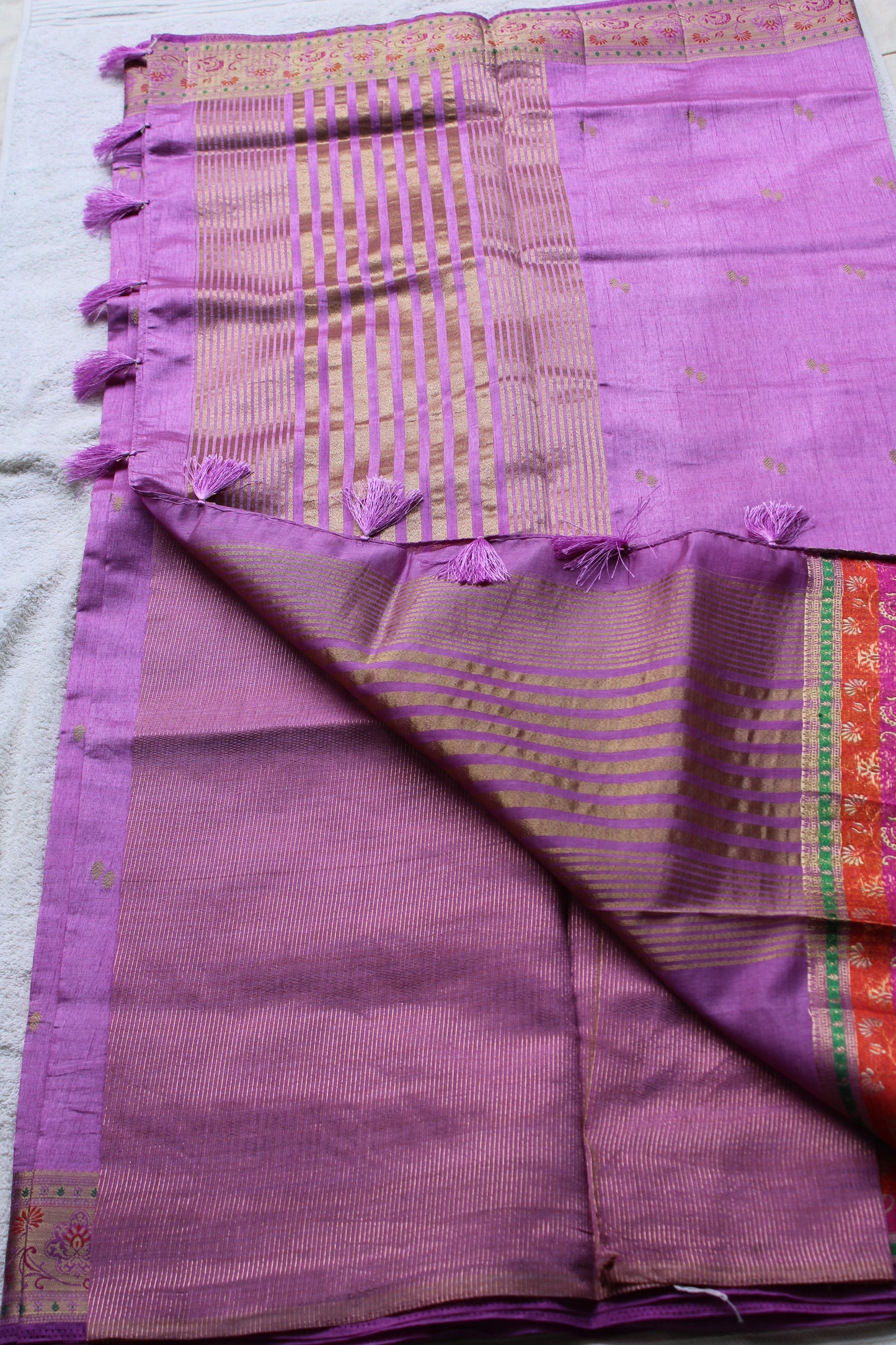 Lavender Tusser silk saree with small border