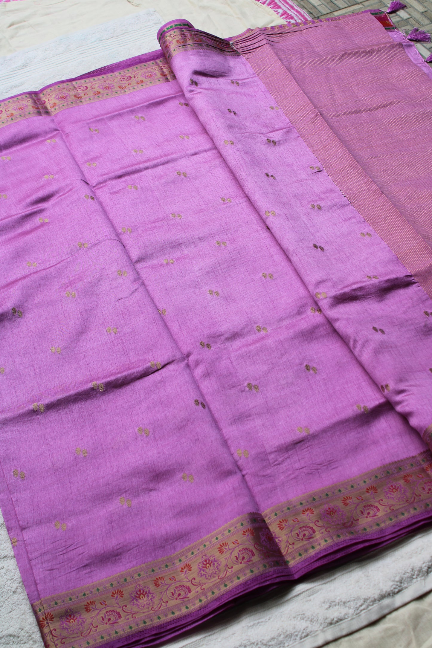 Lavender Tusser silk saree with small border