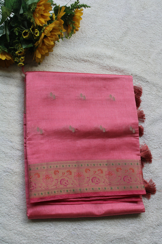 Pink Tusser silk saree with small border