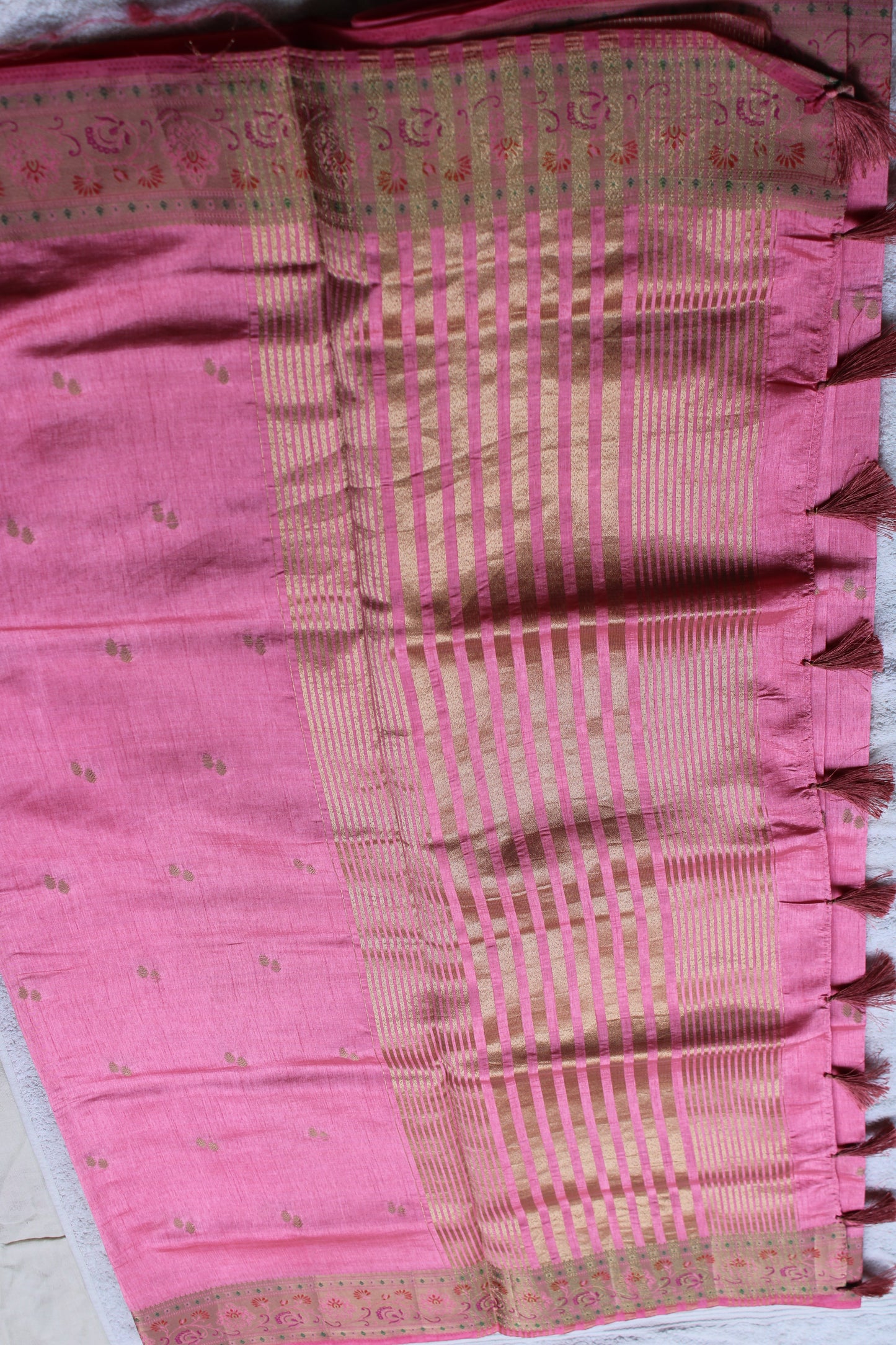 Pink Tusser silk saree with small border