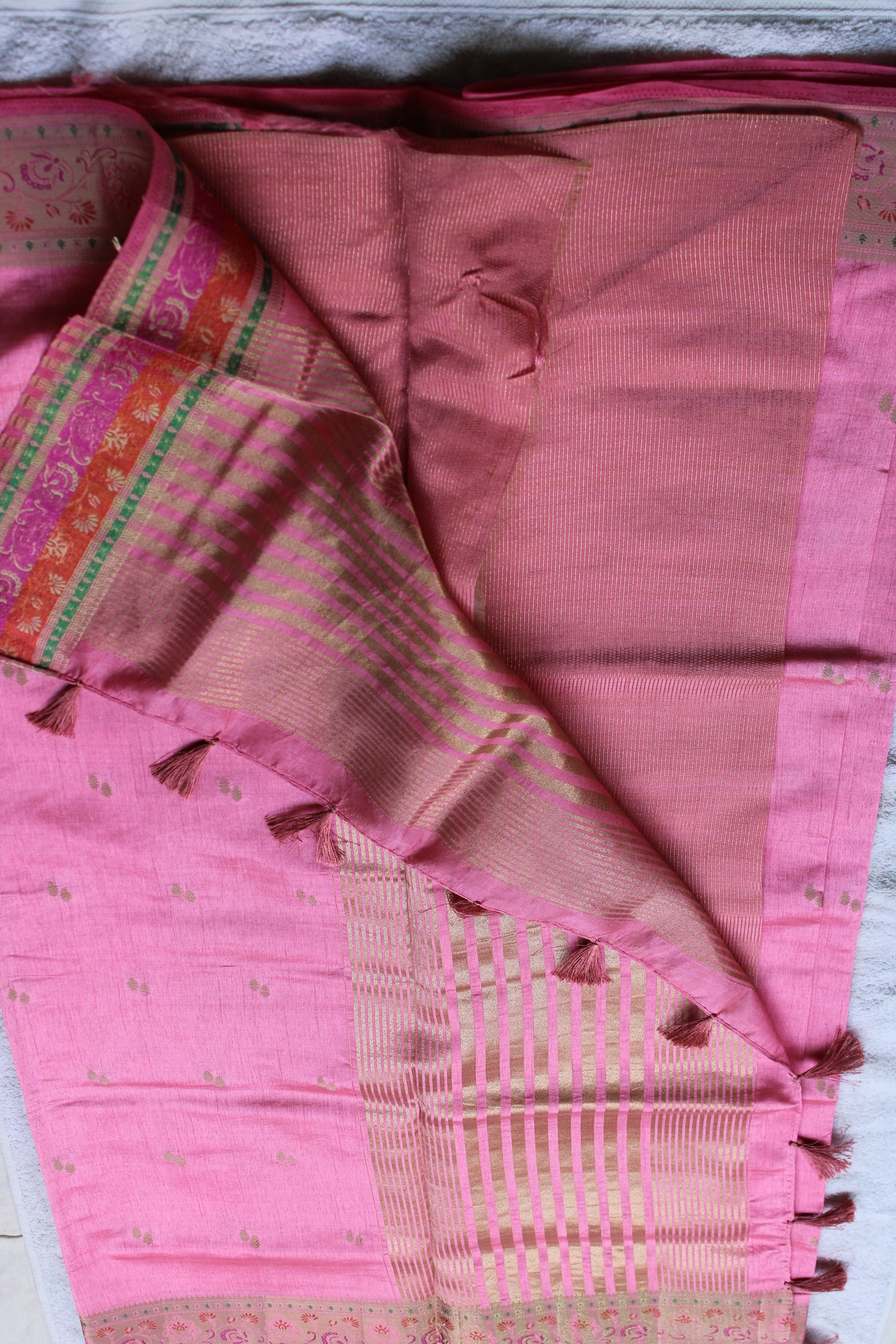 Pink Tusser silk saree with small border