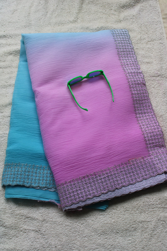 Blue and Pink Crushed georgette shaded saree