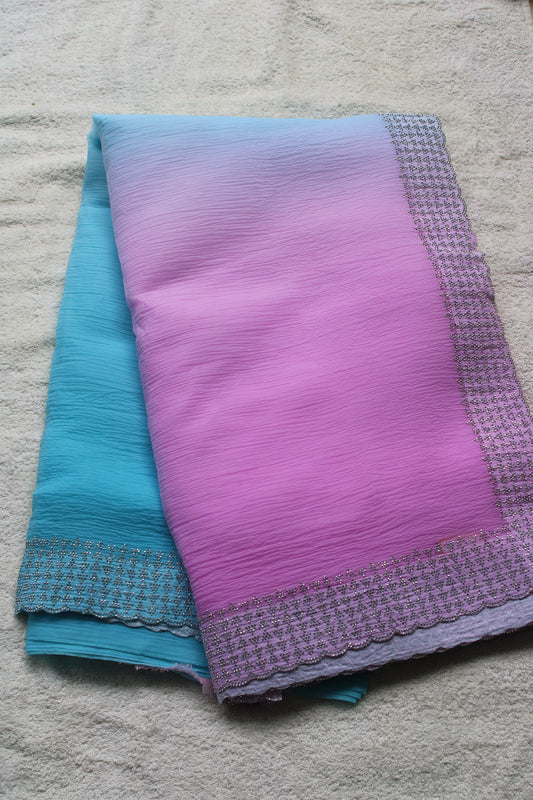 Blue and Pink Crushed georgette shaded saree