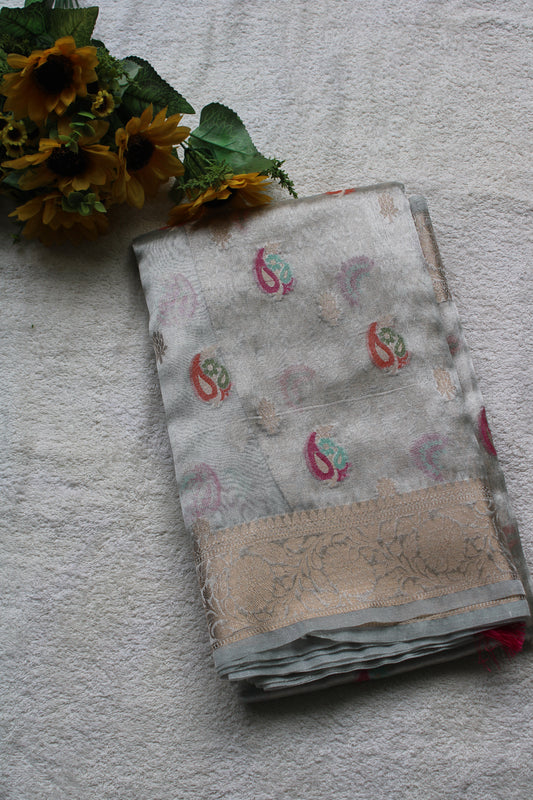 Ivory Organza Banarasi Saree with Meenakari Mango design