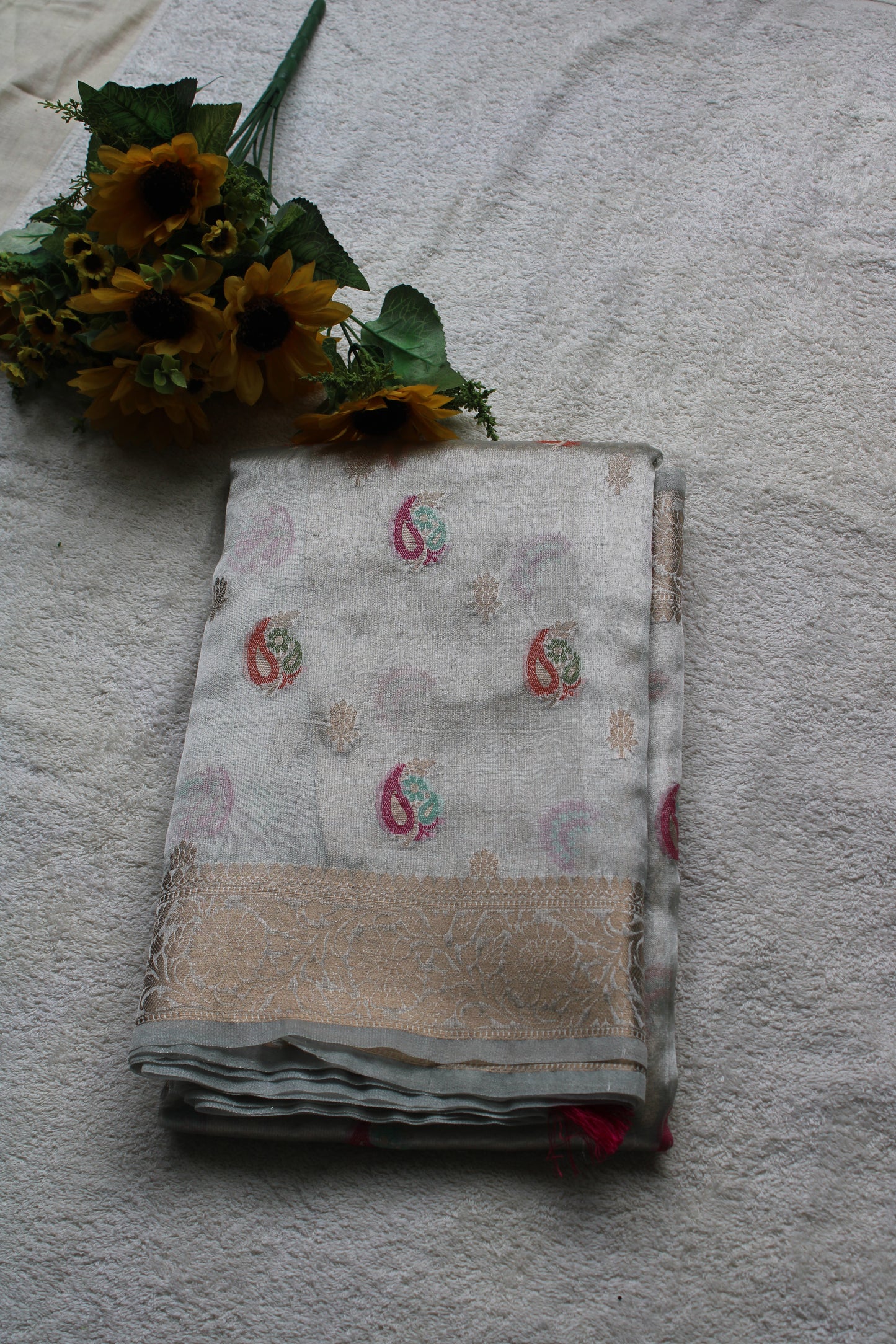 Ivory Organza Banarasi Saree with Meenakari Mango design
