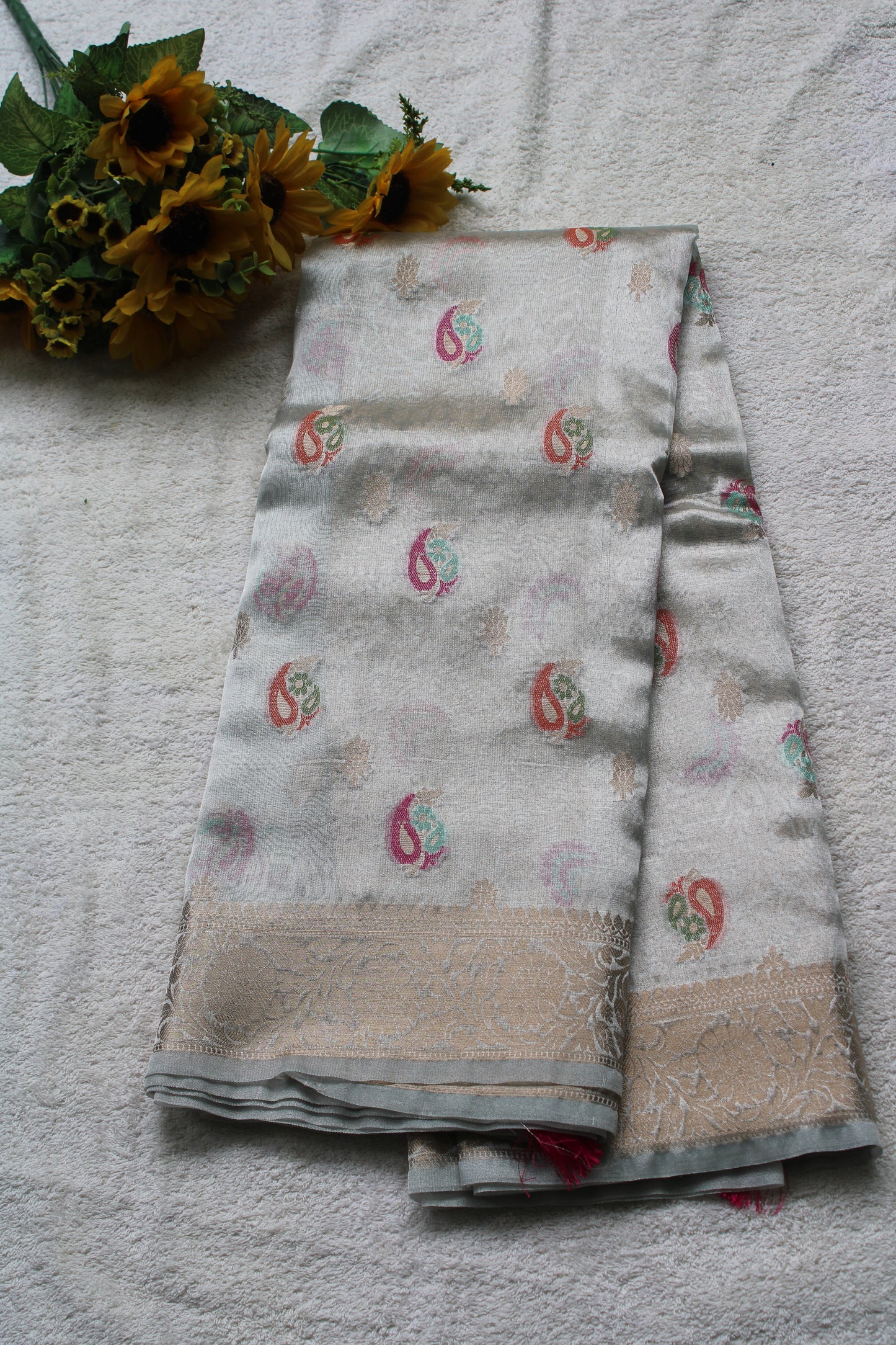 Ivory Organza Banarasi Saree with Meenakari Mango design