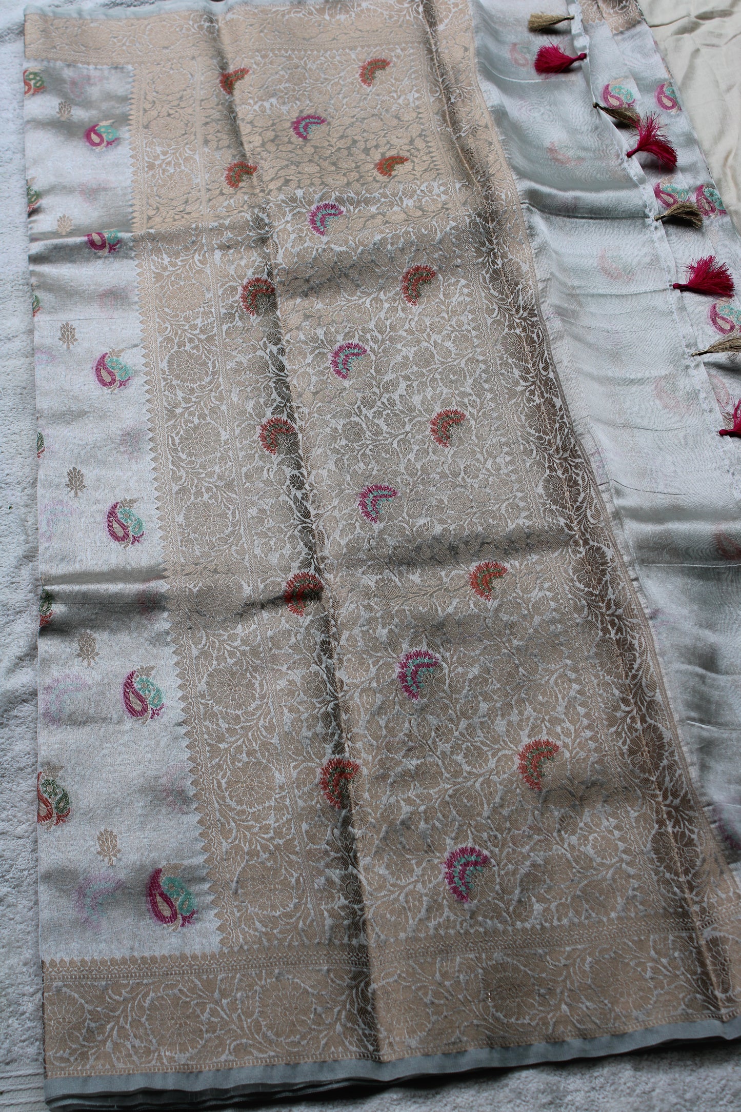 Ivory Organza Banarasi Saree with Meenakari Mango design