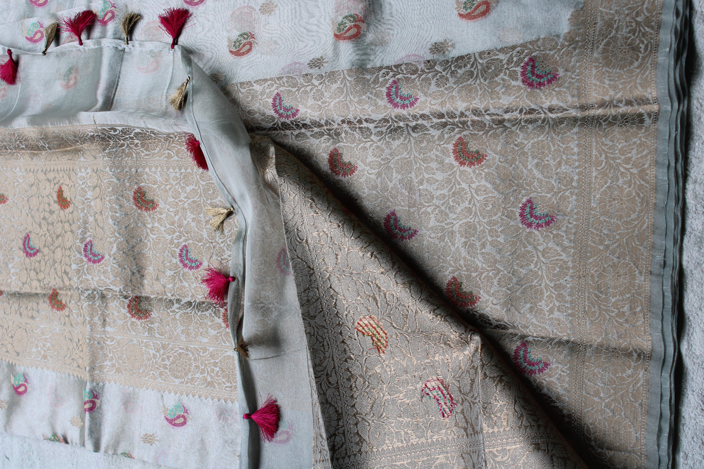 Ivory Organza Banarasi Saree with Meenakari Mango design