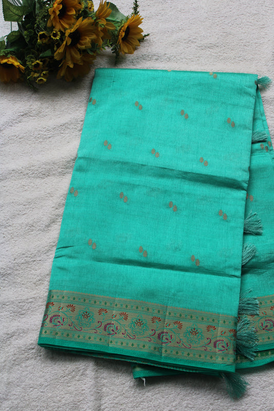 Turquois blue Tusser silk saree with small border