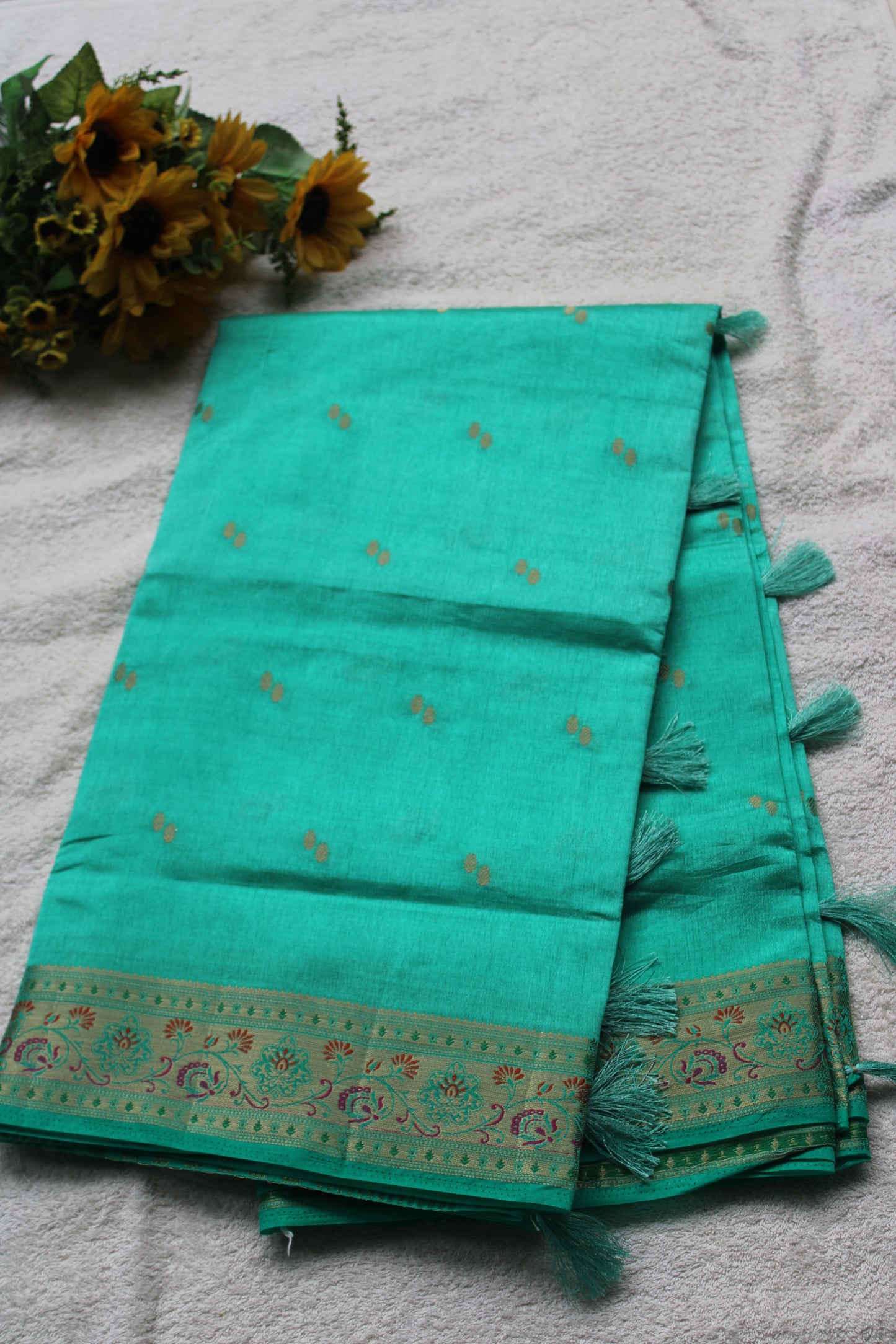 Turquois blue Tusser silk saree with small border