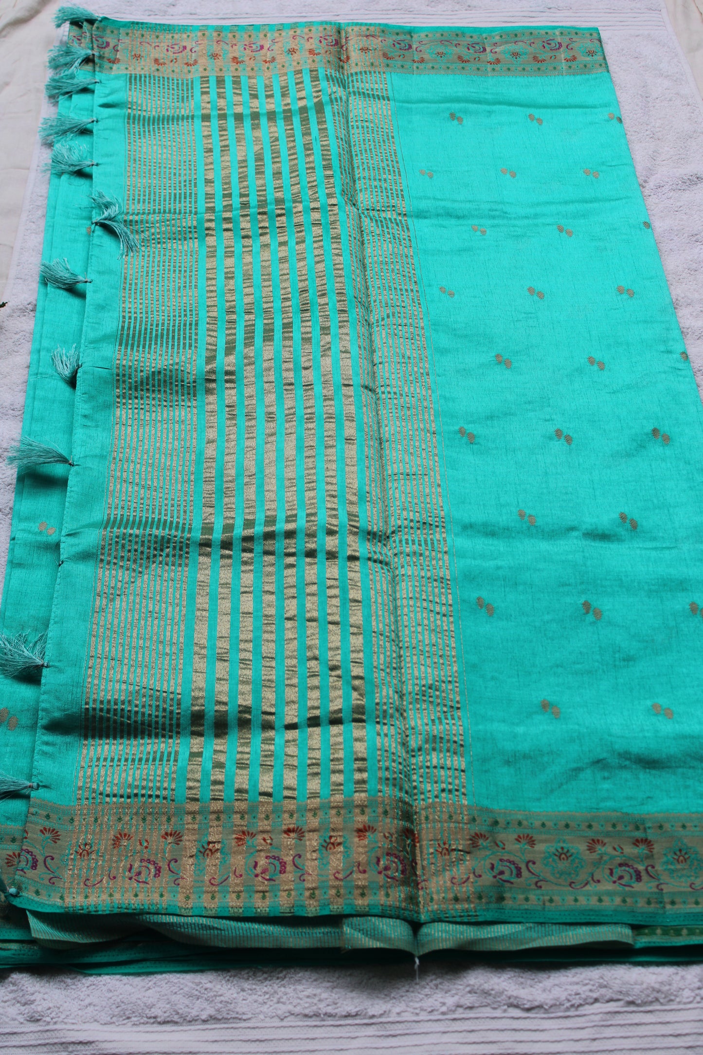 Turquois blue Tusser silk saree with small border