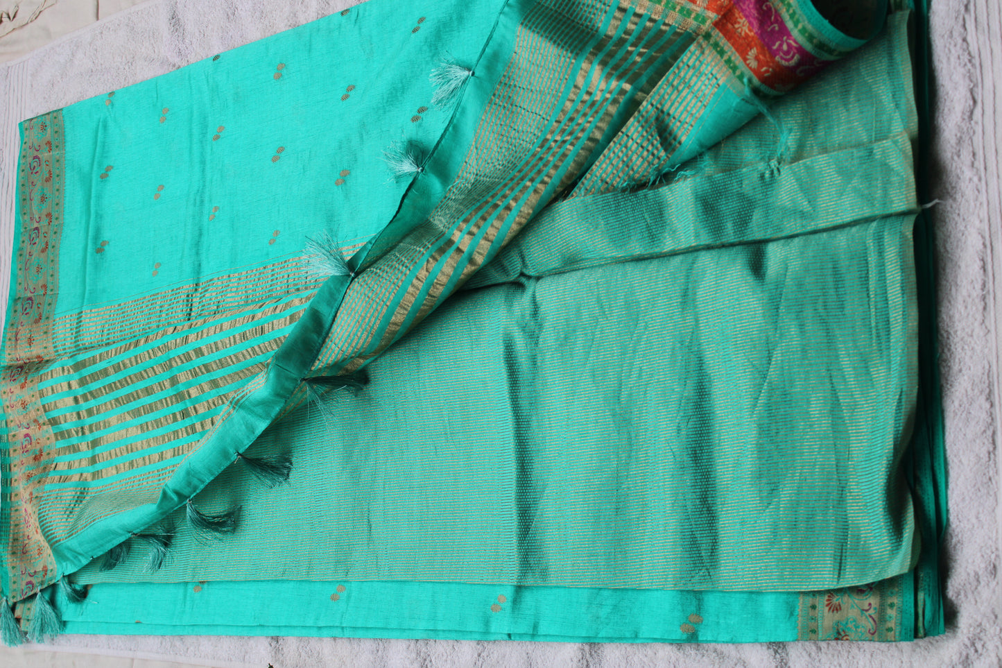 Turquois blue Tusser silk saree with small border