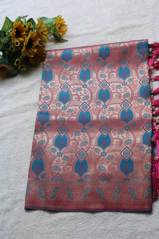 Pink and Blue dual share Soft silk saree with allover design