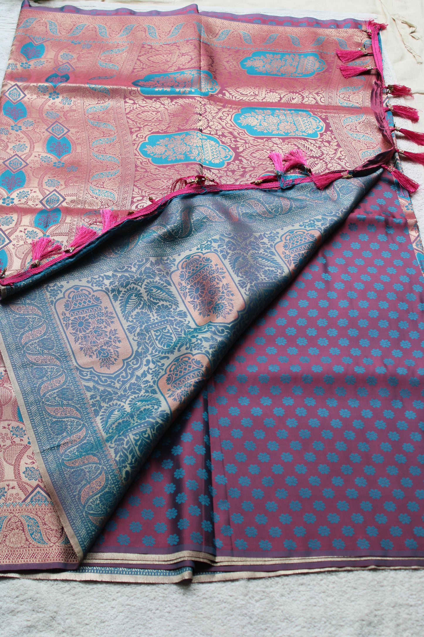 Pink and Blue dual share Soft silk saree with allover design