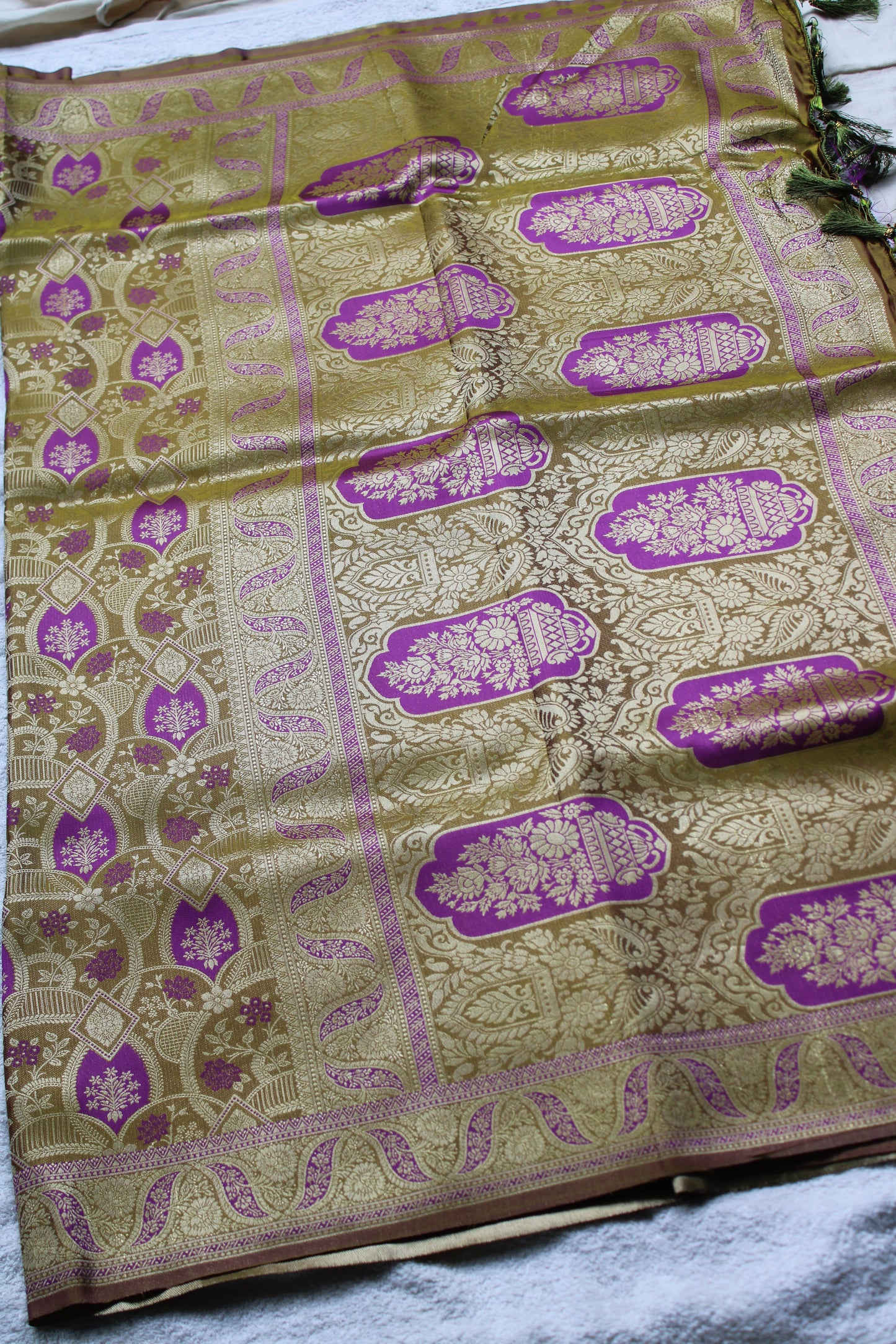 Light Green and Purple dual share Soft silk saree with allover design