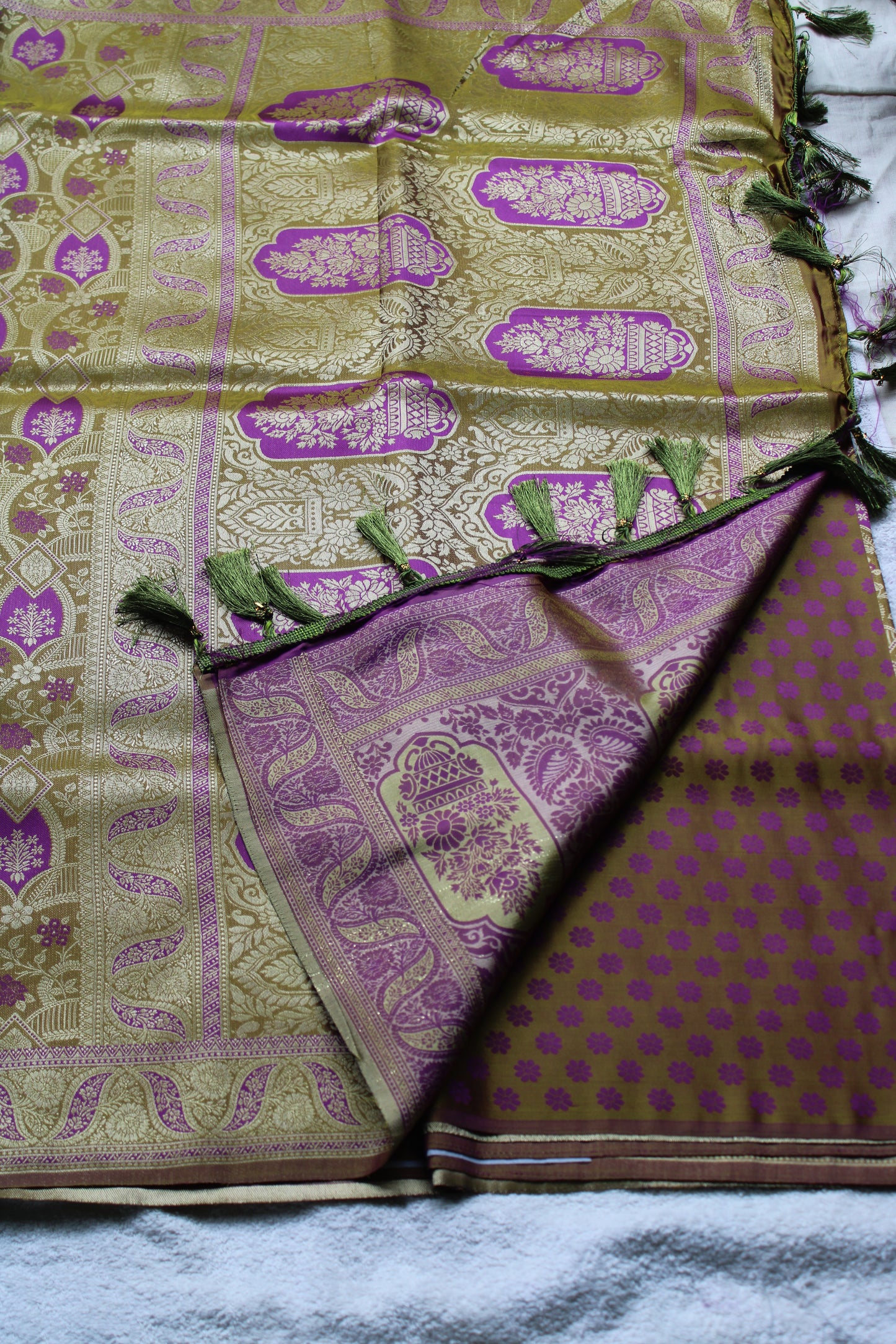 Light Green and Purple dual share Soft silk saree with allover design
