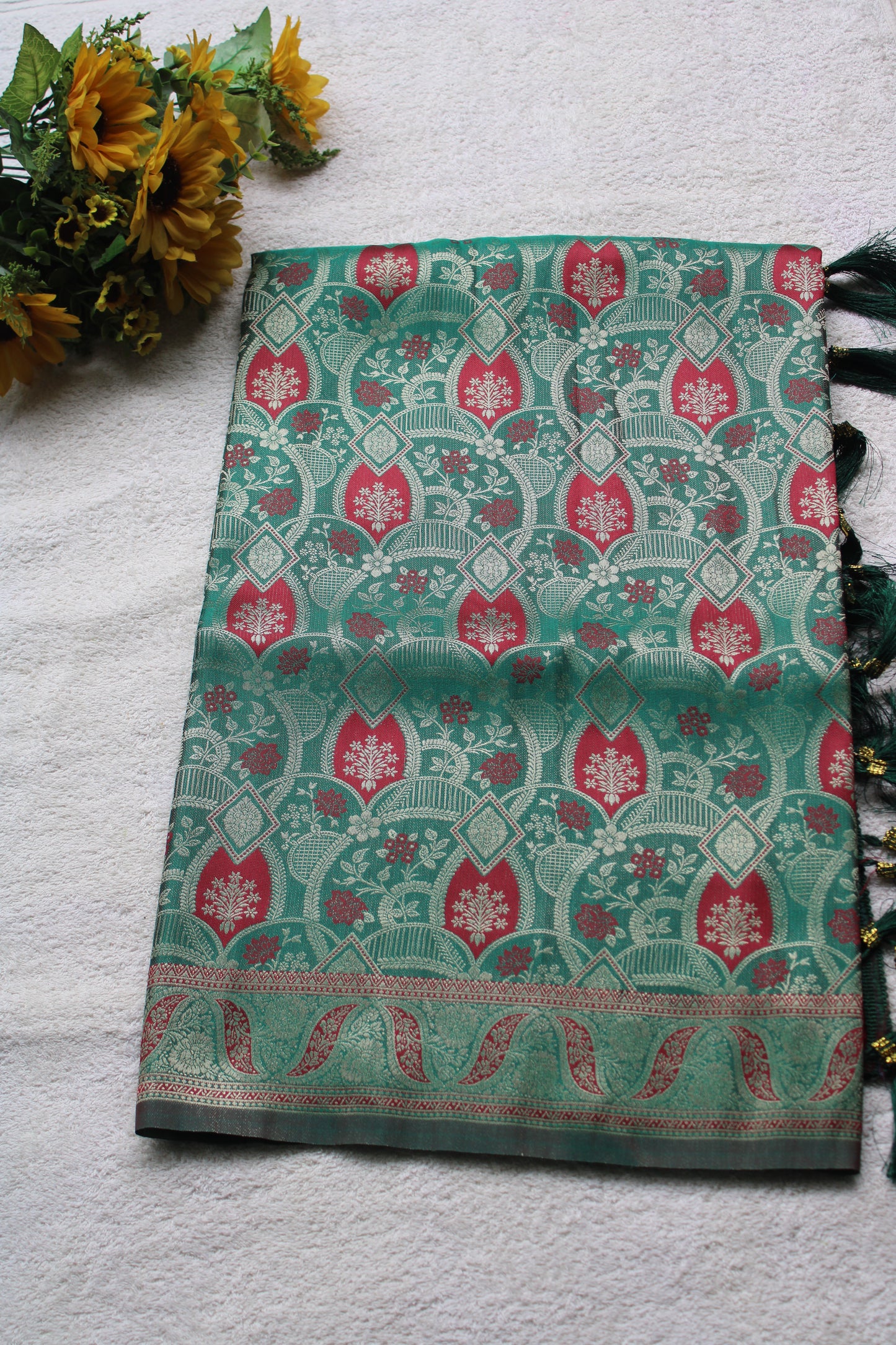 Green and red dual share Soft silk saree with allover design