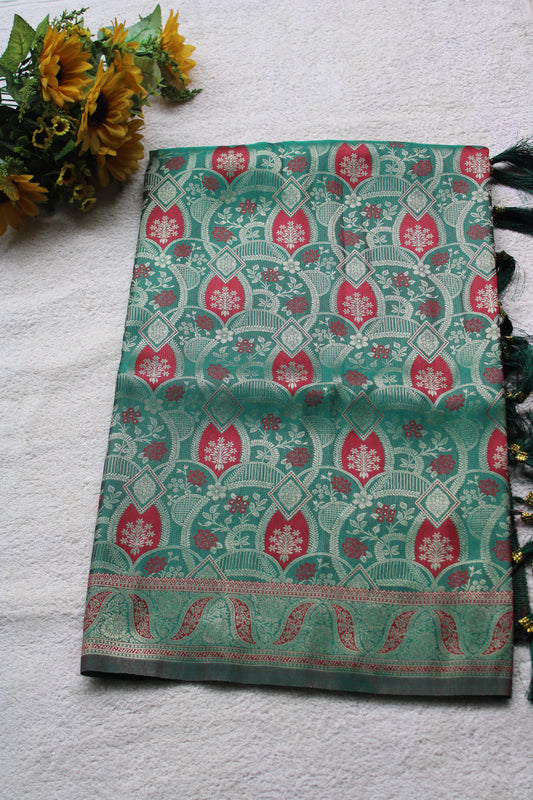Green and red dual share Soft silk saree with allover design