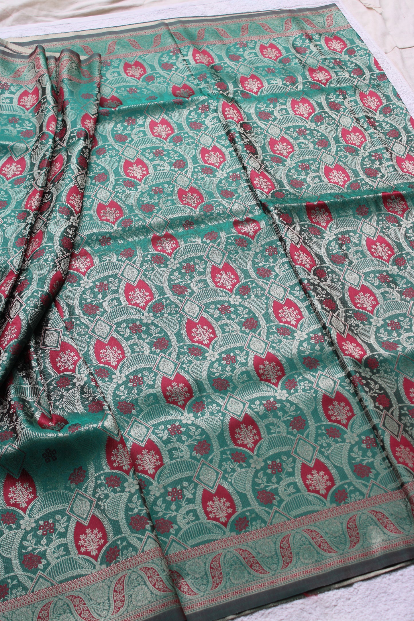 Green and red dual share Soft silk saree with allover design