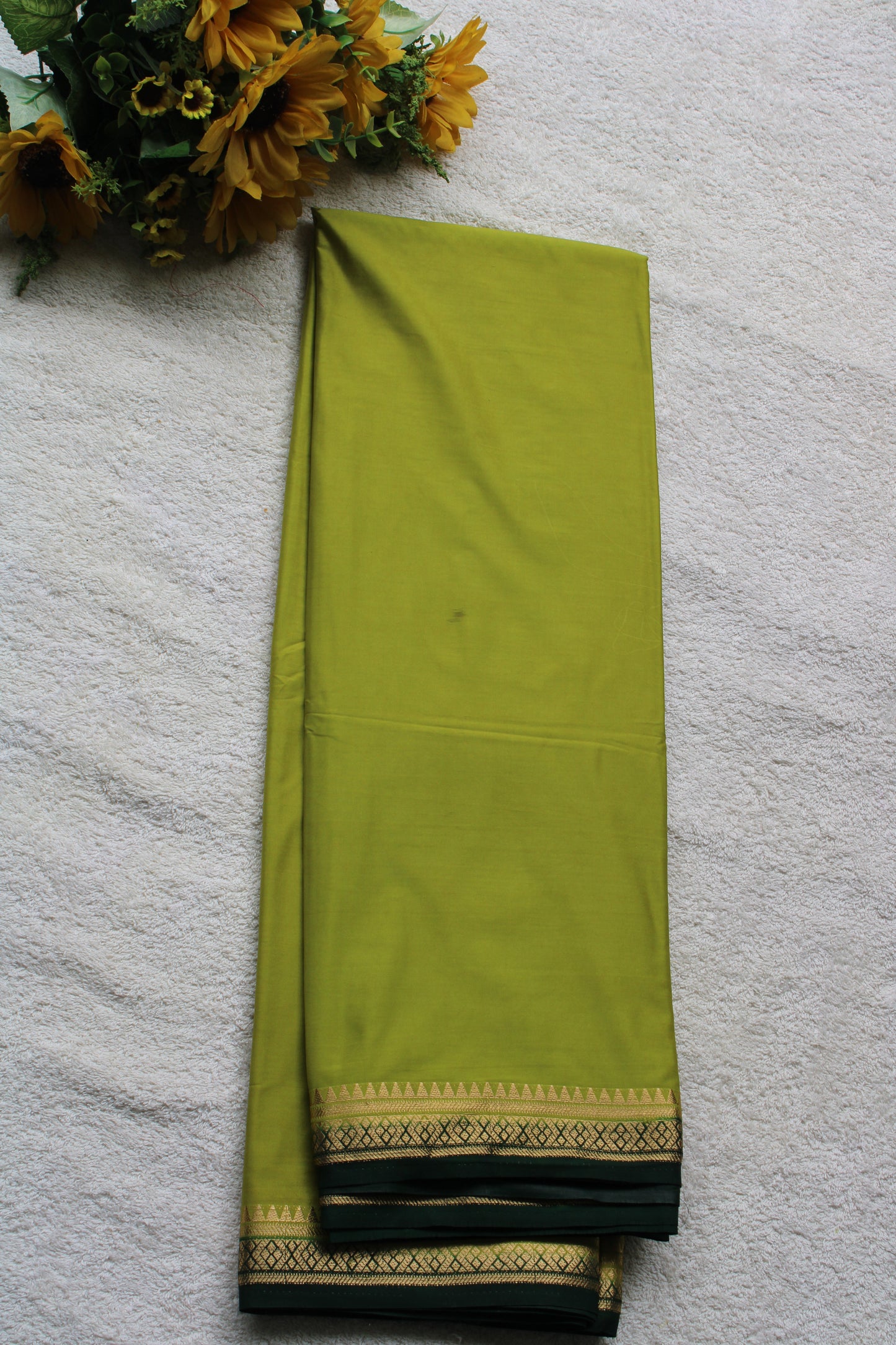 Light green Premium Mysore silk saree with Small traditional border with contrast blouse